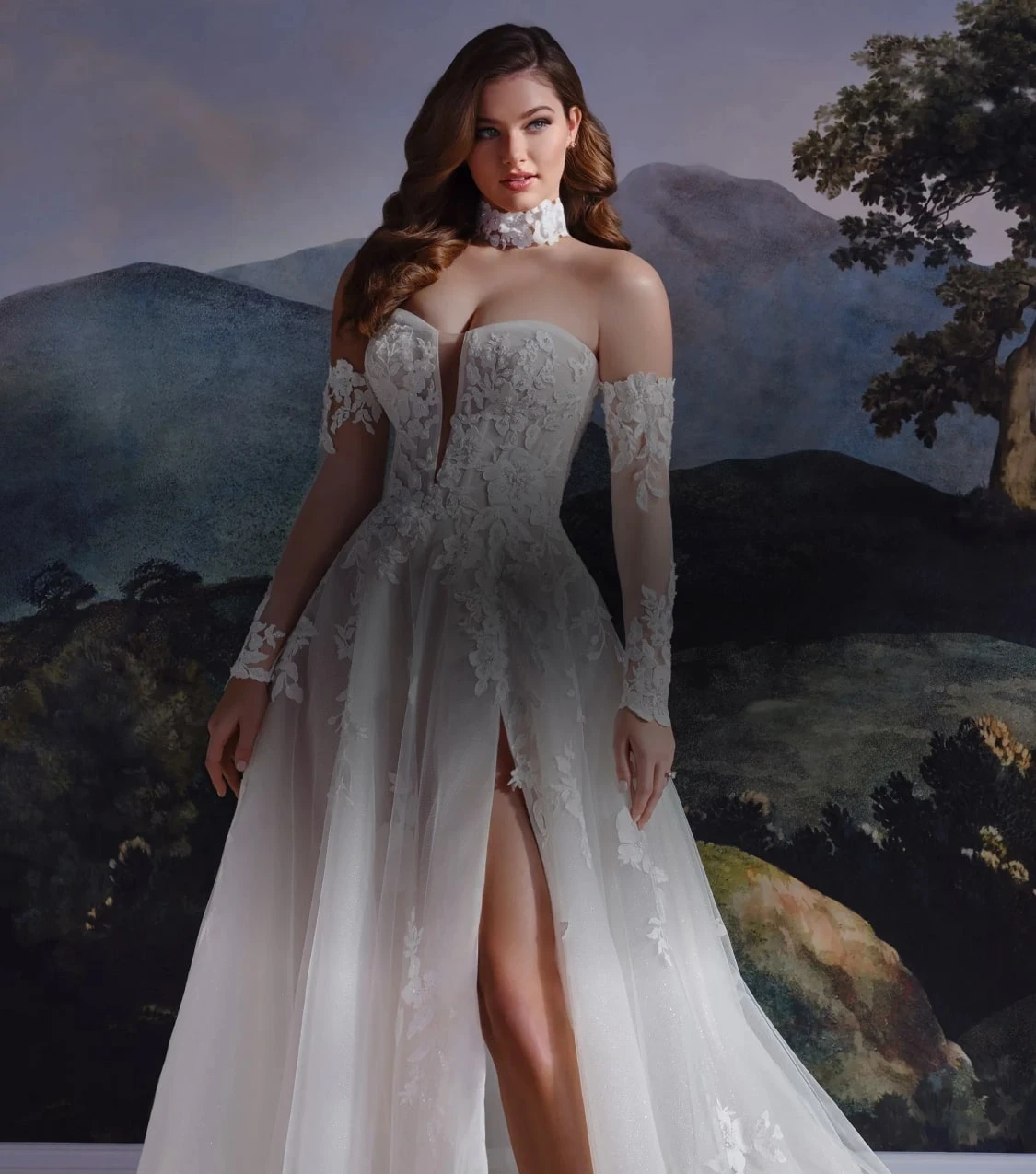 Model wearing Martin Thornburg bridal gown, mobile banner